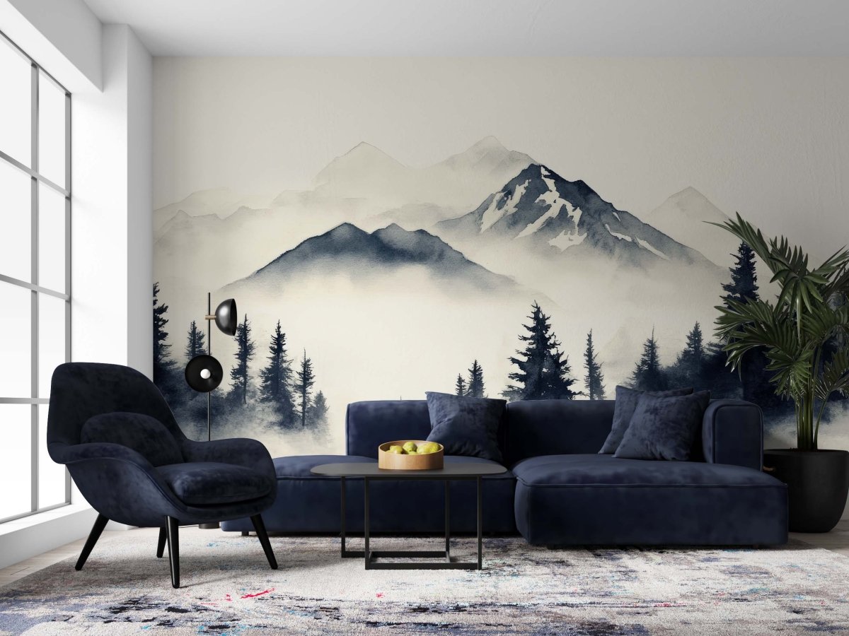 Brumes des sommets – papier peint panoramique Évasion montagne en aquarelle - Illulart: Papier peint panoramique