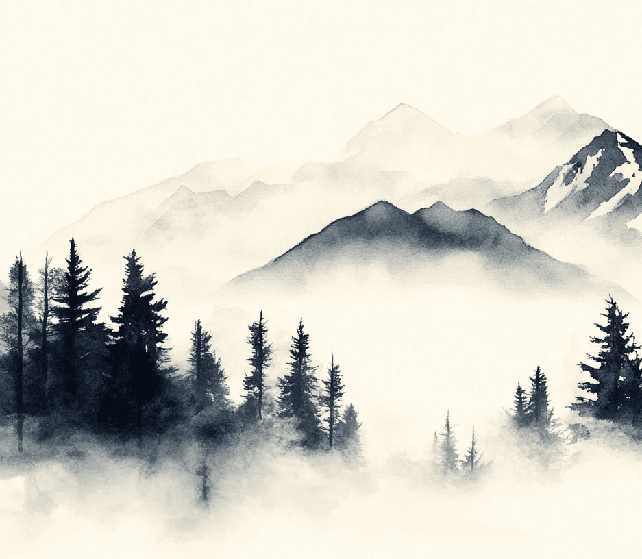 Brumes des sommets – papier peint panoramique Évasion montagne en aquarelle - Illulart: Papier peint panoramique