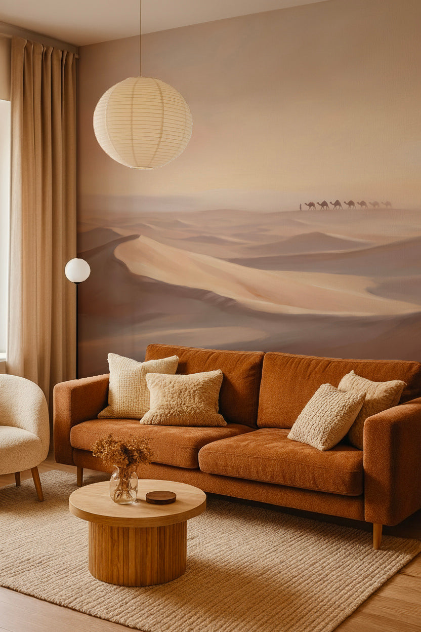 Salon avec canapé en velours cognac, table basse ronde et suspension en papier devant un papier peint panoramique de dunes du désert
