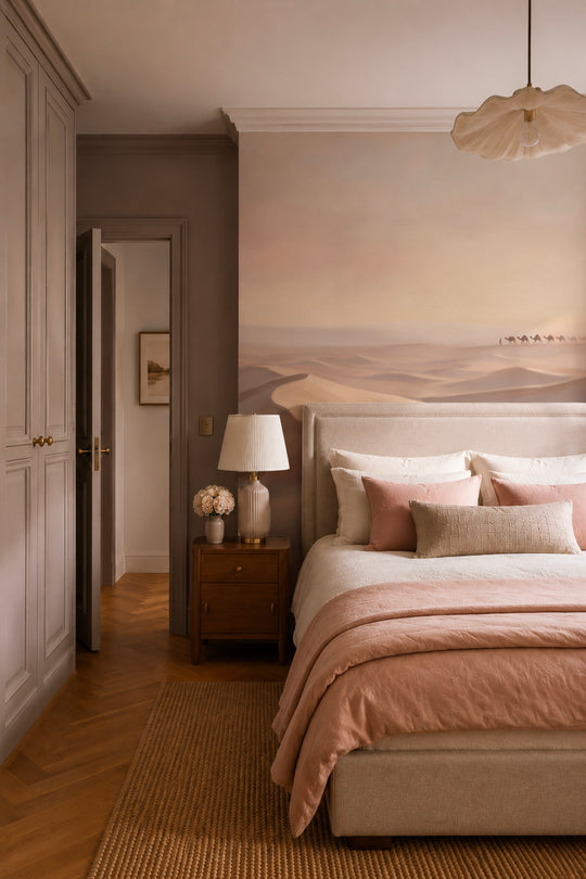 Chambre au linge rose poudré devant un papier peint panoramique de dunes de sable