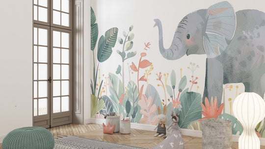 Charmant Compagnon : Éléphant parmi les Fleurs - Illulart: Papier peint panoramique