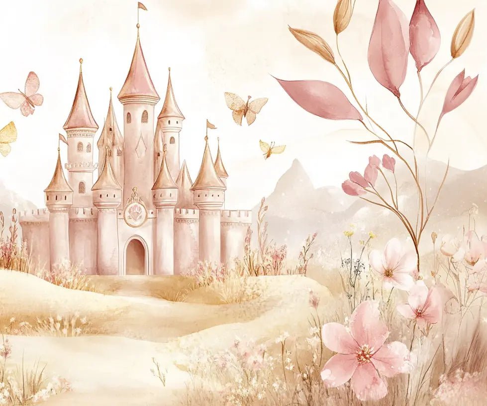 Château Pastel et Nature Florale - Papier Peint Panoramique Enfant - Illulart: Papier peint panoramique