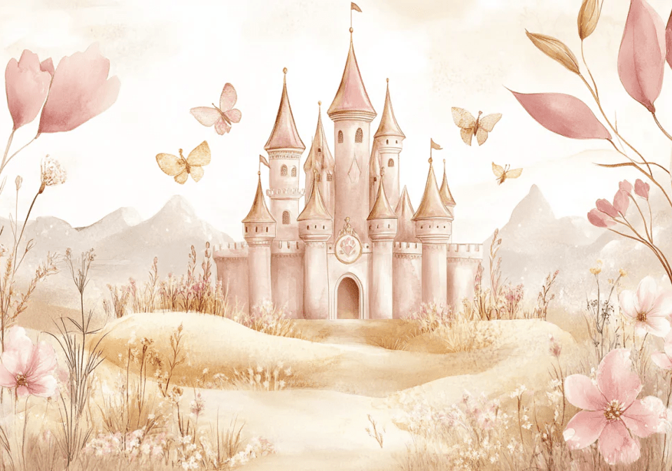 Château Pastel et Nature Florale - Papier Peint Panoramique Enfant - Illulart: Papier peint panoramique