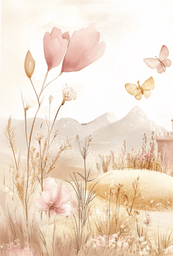 Château Pastel et Nature Florale - Papier Peint Panoramique Enfant - Illulart: Papier peint panoramique