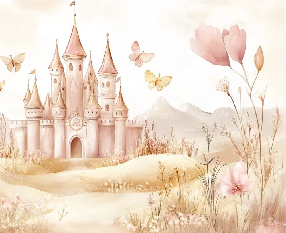 Château Pastel et Nature Florale - Papier Peint Panoramique Enfant - Illulart: Papier peint panoramique