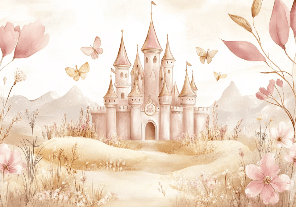 Château Pastel et Nature Florale - Papier Peint Panoramique Enfant - Illulart: Papier peint panoramique