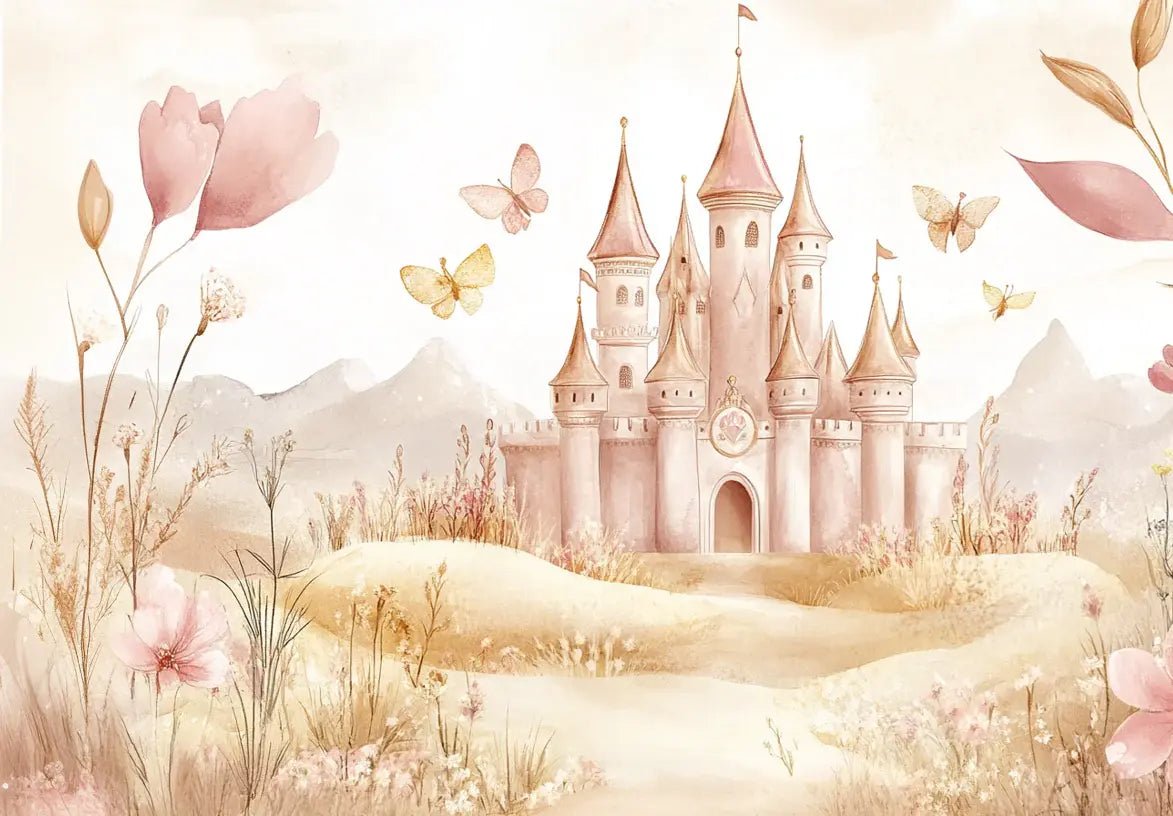Château Pastel et Nature Florale - Papier Peint Panoramique Enfant - Illulart: Papier peint panoramique