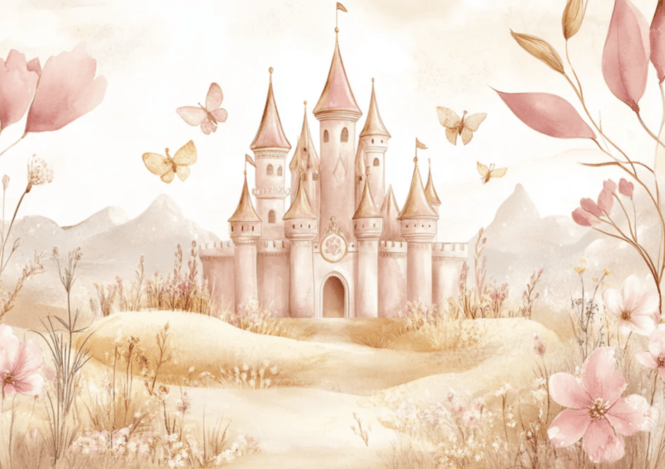 Château Pastel et Nature Florale - Papier Peint Panoramique Enfant - Illulart: Papier peint panoramique