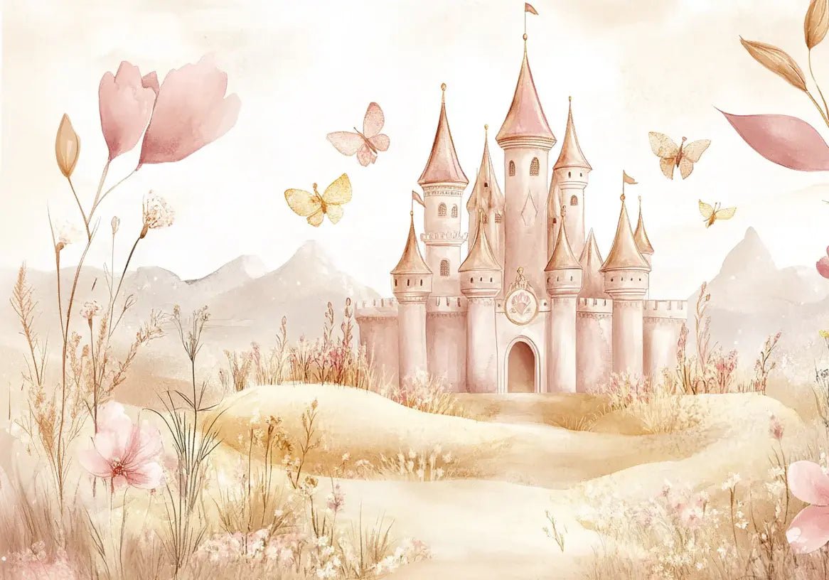 Château Pastel et Nature Florale - Papier Peint Panoramique Enfant - Illulart: Papier peint panoramique