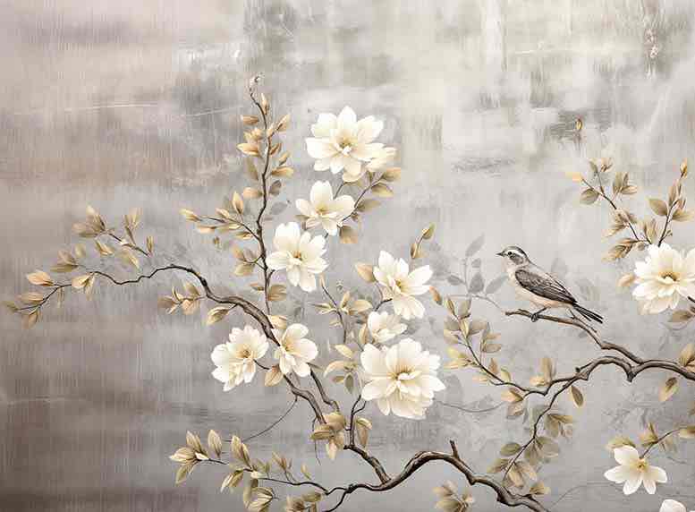 Chinoiserie - Branche Fleurie et son Oiseau - Illulart: Papier peint panoramique