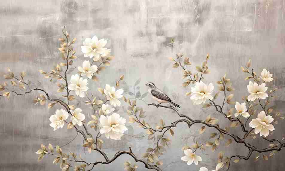 Chinoiserie - Branche Fleurie et son Oiseau - Illulart: Papier peint panoramique