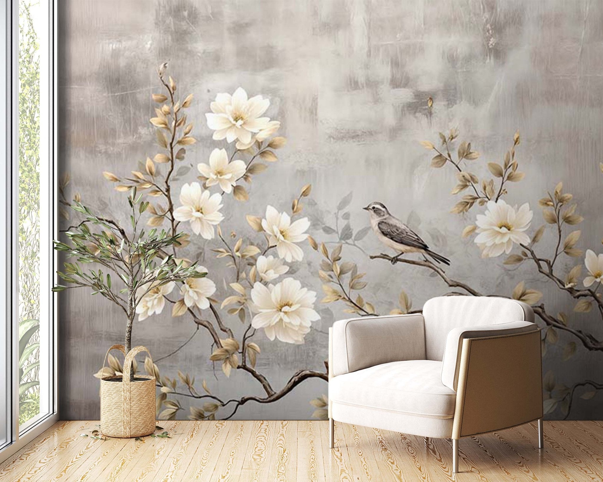Chinoiserie - Branche Fleurie et son Oiseau - Illulart: Papier peint panoramique