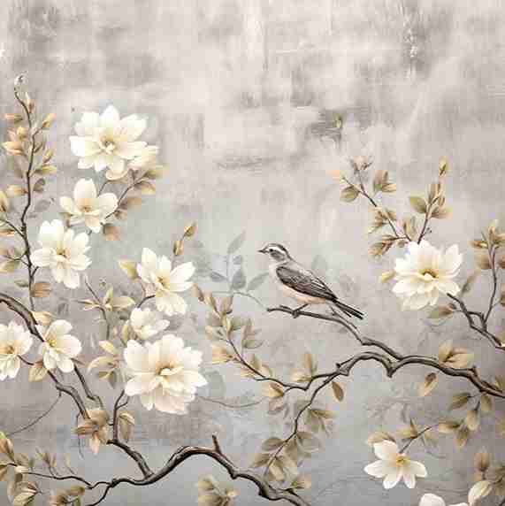Chinoiserie - Branche Fleurie et son Oiseau - Illulart: Papier peint panoramique