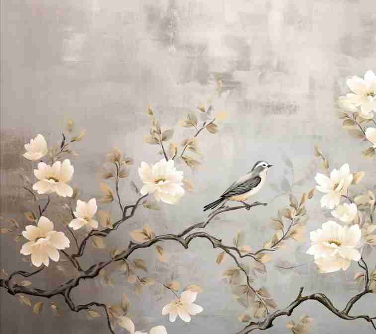 Chinoiserie - Branche Fleurie et son Oiseau - Illulart: Papier peint panoramique