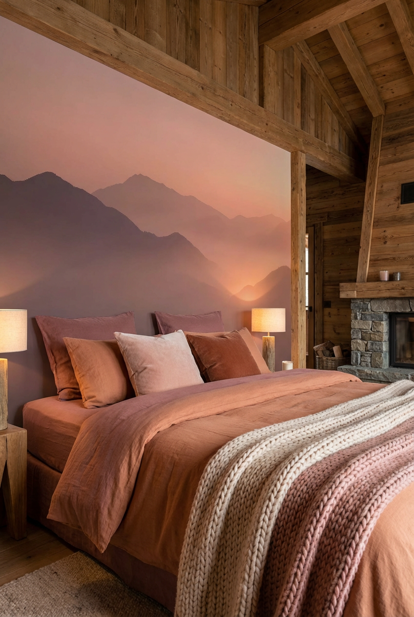 Papier peint panoramique de montagnes brumeuses aux nuances rose poudré et beige rosé