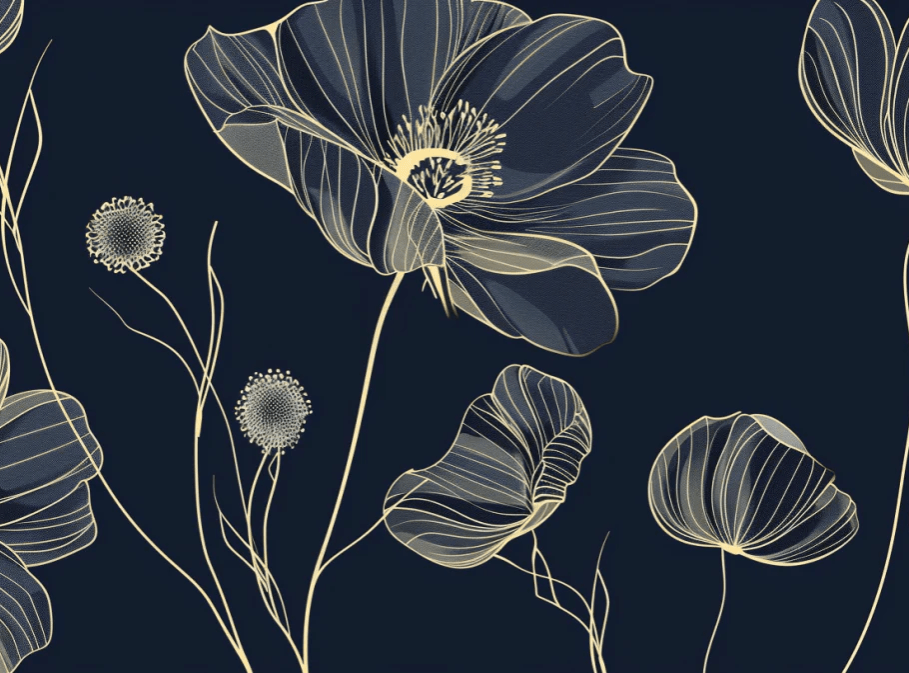 Cosmos Épanouis : Papier Peint Panoramique bleu nuit aux Motifs Floraux - Illulart: Papier peint panoramique