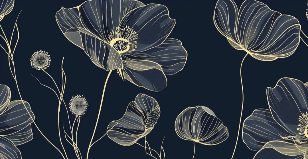 Cosmos Épanouis : Papier Peint Panoramique bleu nuit aux Motifs Floraux - Illulart: Papier peint panoramique