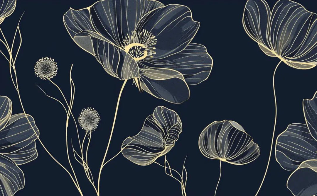 Cosmos Épanouis : Papier Peint Panoramique bleu nuit aux Motifs Floraux - Illulart: Papier peint panoramique