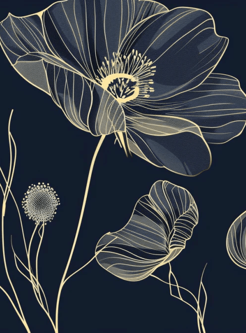 Cosmos Épanouis : Papier Peint Panoramique bleu nuit aux Motifs Floraux - Illulart: Papier peint panoramique