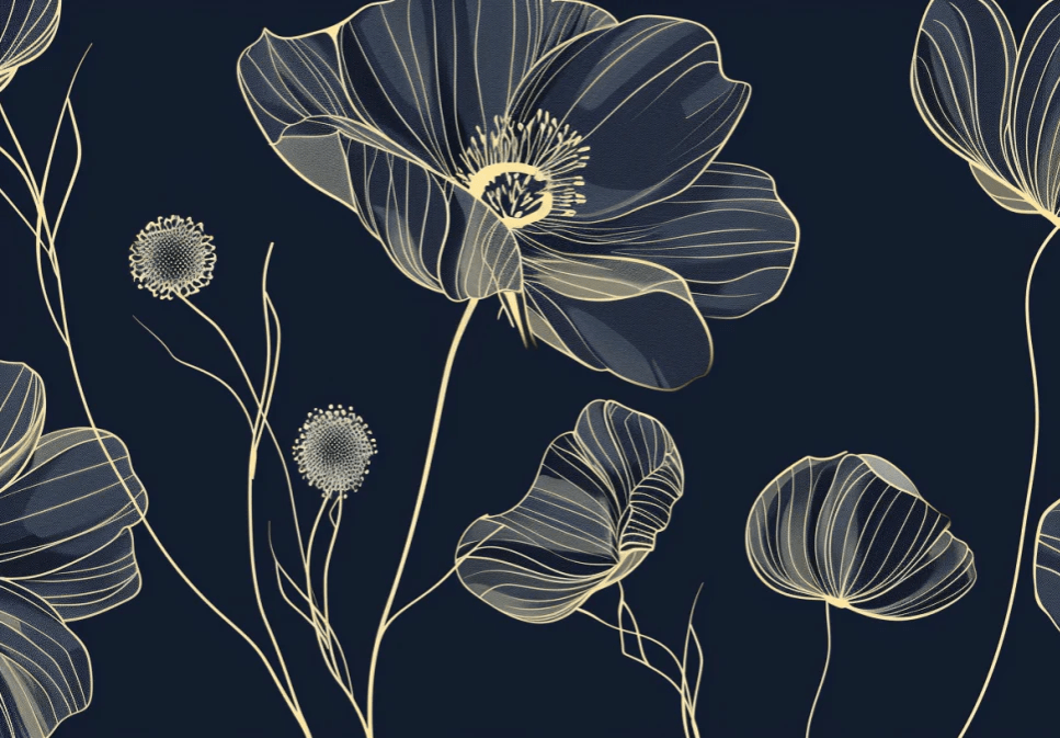 Cosmos Épanouis : Papier Peint Panoramique bleu nuit aux Motifs Floraux - Illulart: Papier peint panoramique