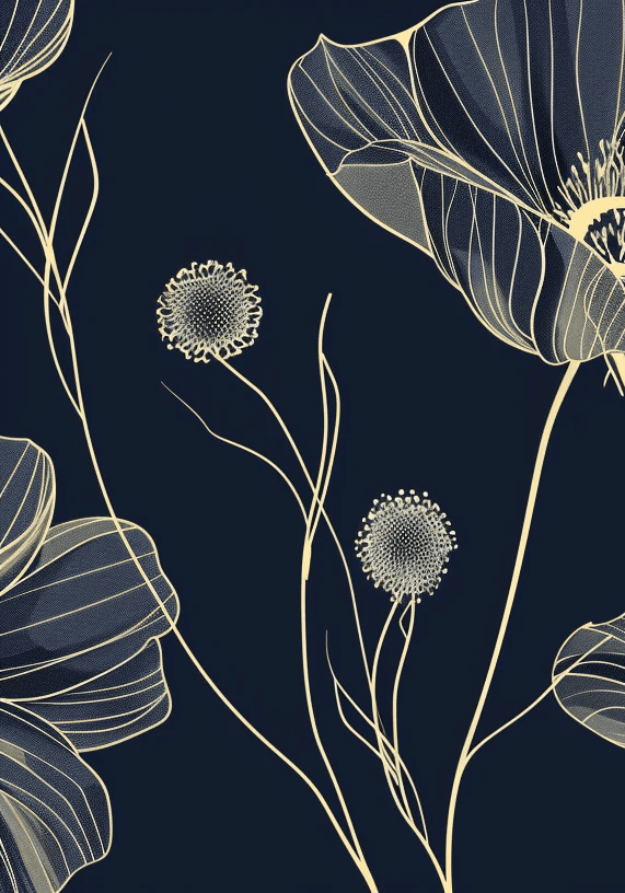 Cosmos Épanouis : Papier Peint Panoramique bleu nuit aux Motifs Floraux