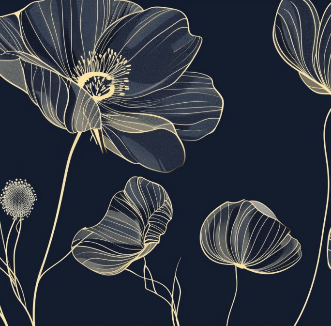 Cosmos Épanouis : Papier Peint Panoramique bleu nuit aux Motifs Floraux - Illulart: Papier peint panoramique