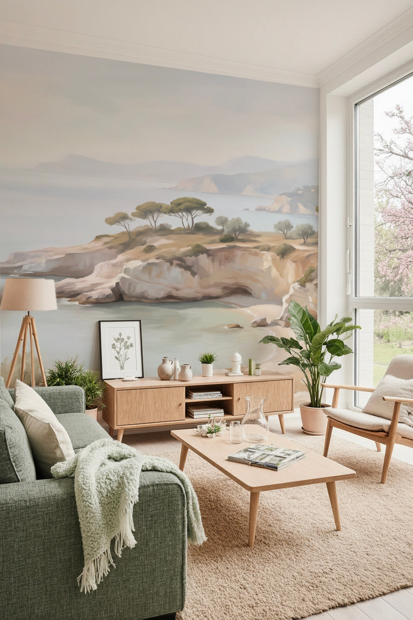 Salon scandinave avec canapé vert sauge et grande fenêtre devant un papier peint panoramique de crique méditerranéenne