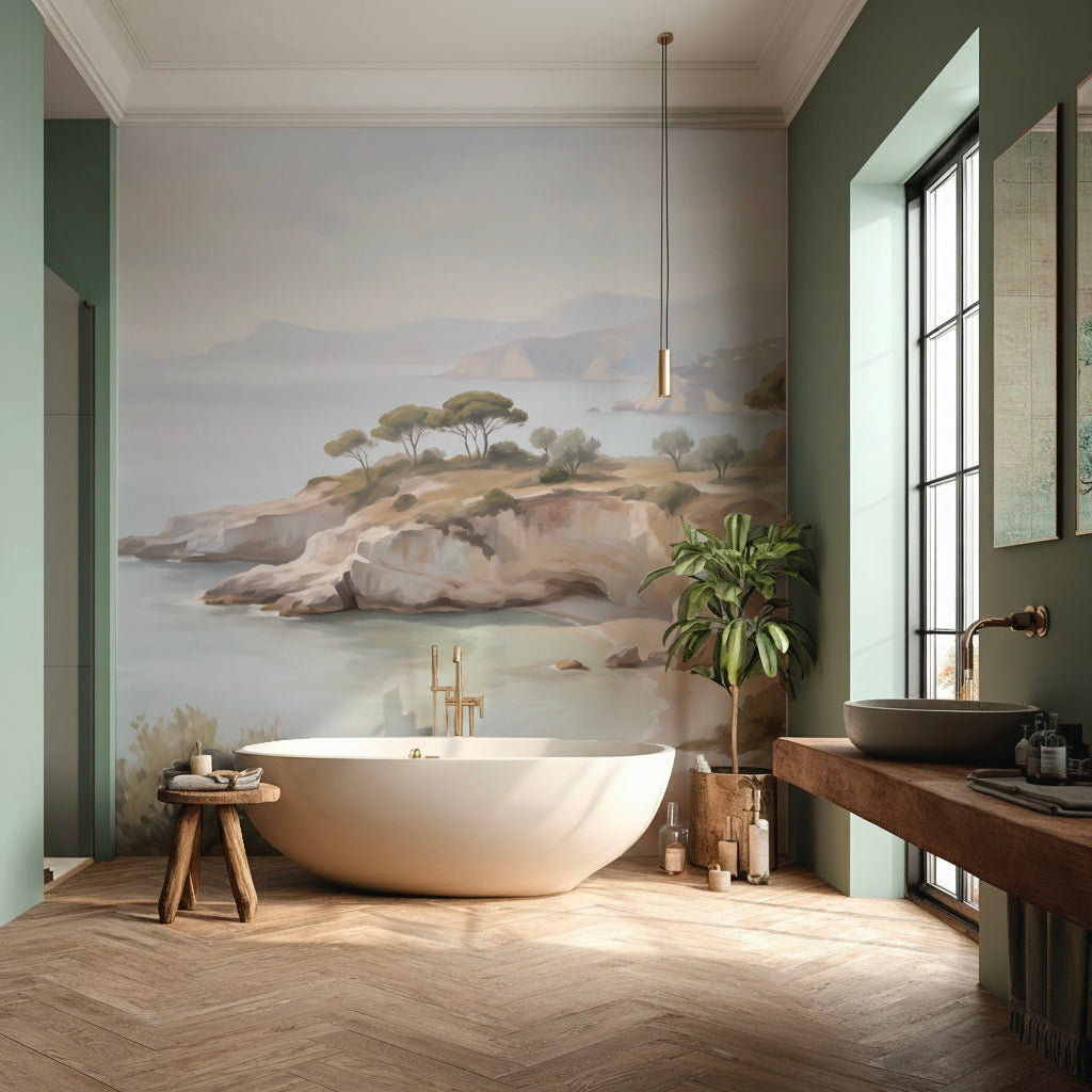 Salle de bain avec baignoire îlot et murs vert sauge devant un papier peint panoramique de bord de mer