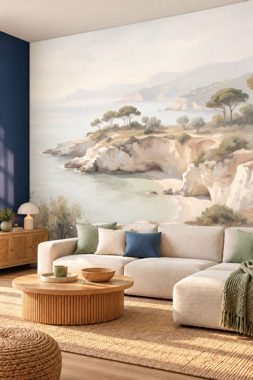 Salon avec mur bleu nuit et canapé blanc devant un papier peint panoramique de mer méditerranée