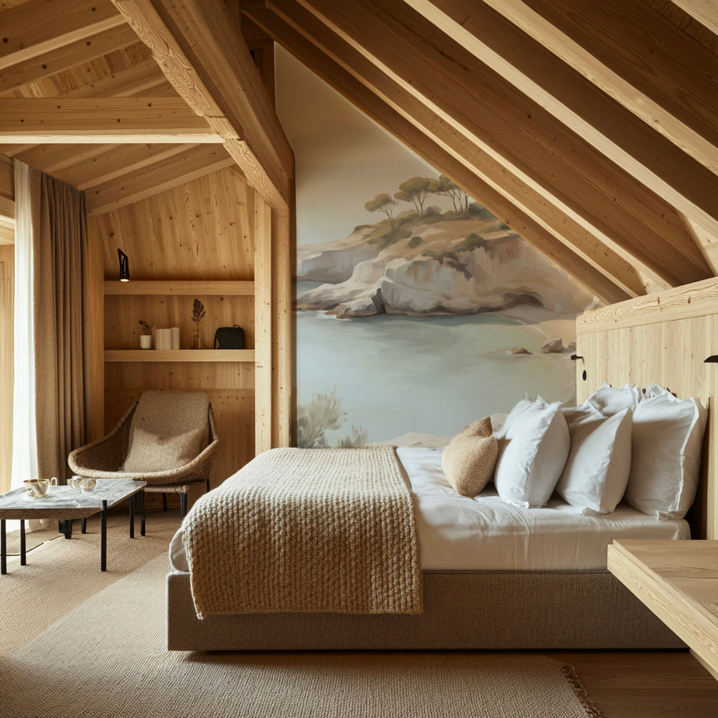 Chambre mansardée en bois clair devant un papier peint panoramique de bord de mer bleu pâle