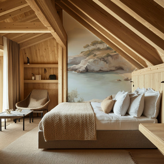 Chambre mansardée en bois clair devant un papier peint panoramique de bord de mer bleu pâle