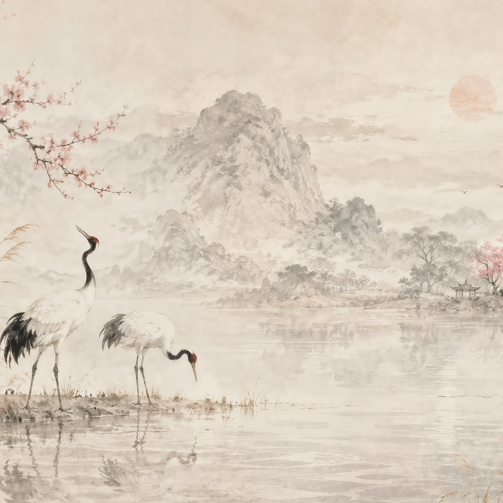 Grues au lac brumeux
