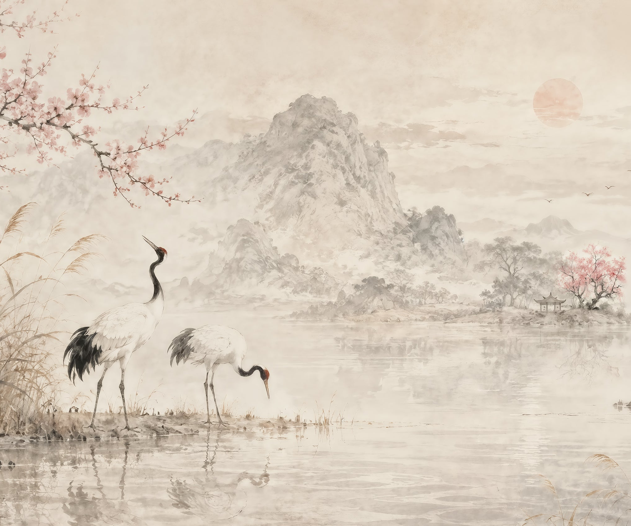 Grues au lac brumeux
