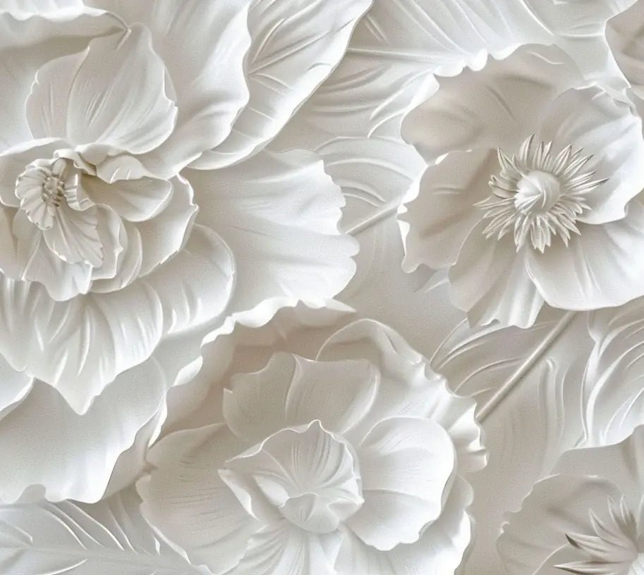 Delicatesse en Blanc : papier peint à motif de fleurs en 3D - Illulart: Papier peint panoramique