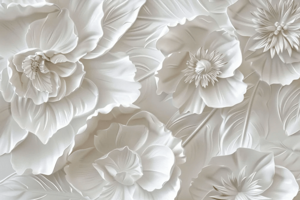 Delicatesse en Blanc : papier peint à motif de fleurs en 3D - Illulart: Papier peint panoramique