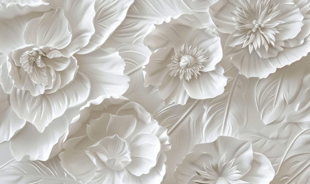 Delicatesse en Blanc : papier peint à motif de fleurs en 3D - Illulart: Papier peint panoramique