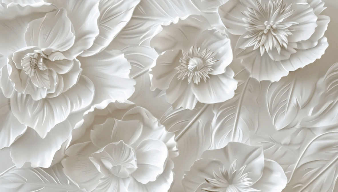 Delicatesse en Blanc : papier peint à motif de fleurs en 3D - Illulart: Papier peint panoramique