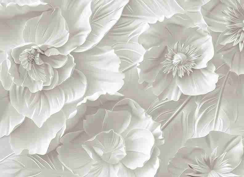 Delicatesse en Blanc : papier peint à motif de fleurs en 3D - Illulart: Papier peint panoramique