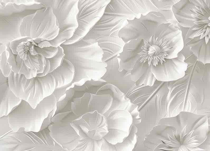 Delicatesse en Blanc : papier peint à motif de fleurs en 3D - Illulart: Papier peint panoramique