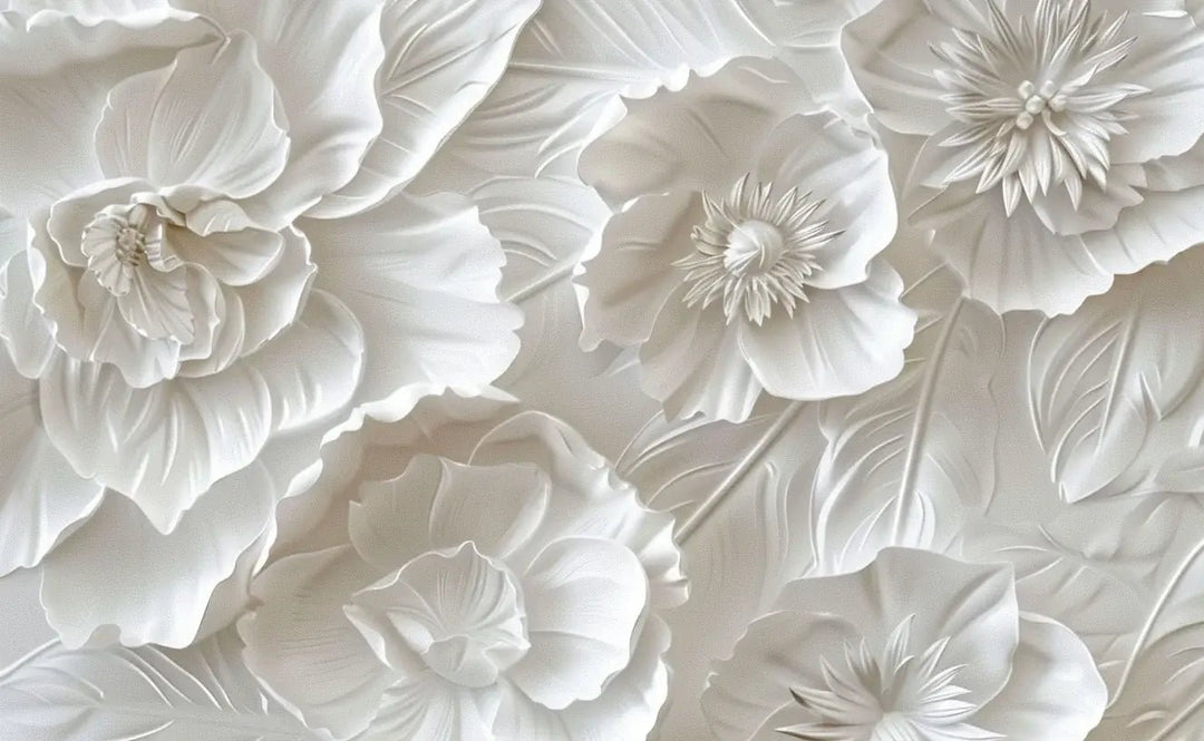 Delicatesse en Blanc : papier peint à motif de fleurs en 3D - Illulart: Papier peint panoramique