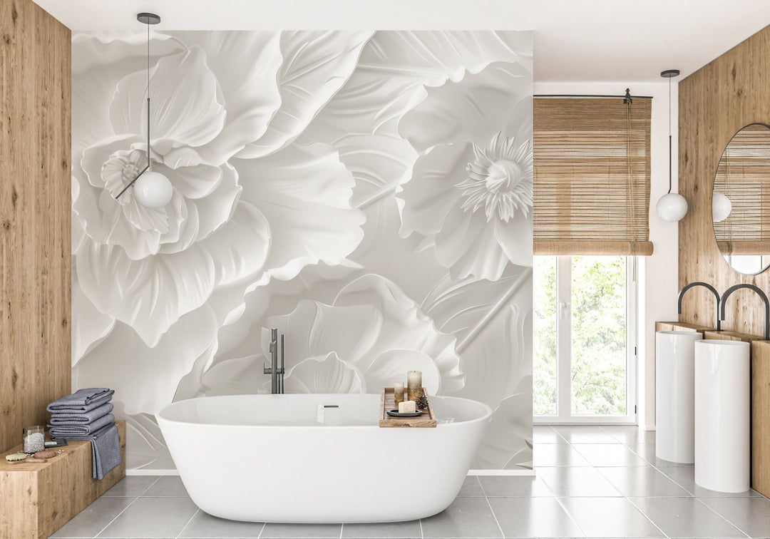 Delicatesse en Blanc : papier peint à motif de fleurs en 3D - Illulart: Papier peint panoramique