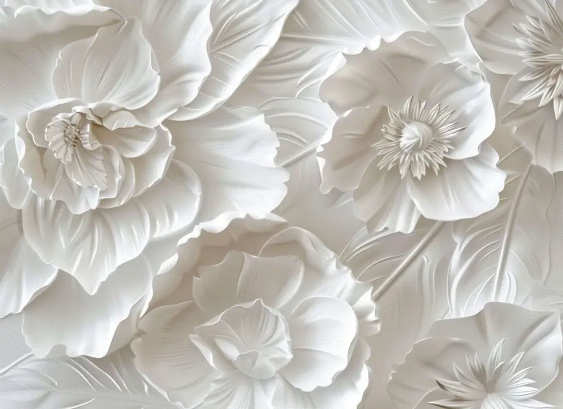 Delicatesse en Blanc : papier peint à motif de fleurs en 3D - Illulart: Papier peint panoramique