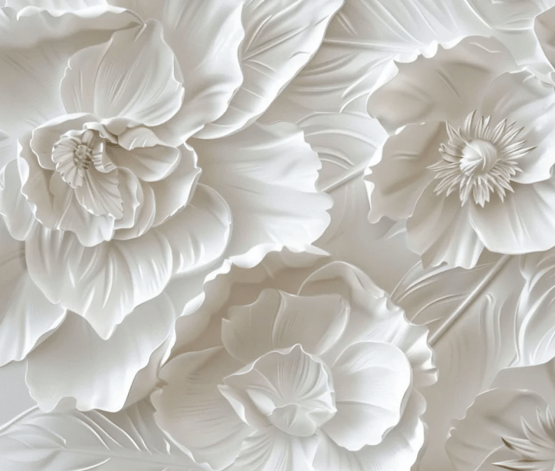 Delicatesse en Blanc : papier peint à motif de fleurs en 3D - Illulart: Papier peint panoramique