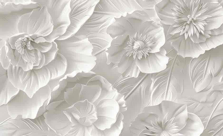 Delicatesse en Blanc : papier peint à motif de fleurs en 3D - Illulart: Papier peint panoramique