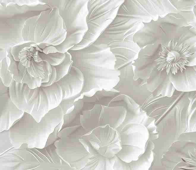 Delicatesse en Blanc : papier peint à motif de fleurs en 3D - Illulart: Papier peint panoramique