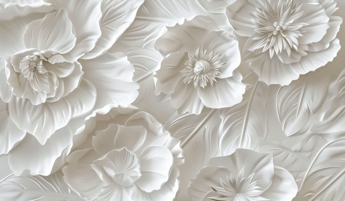 Delicatesse en Blanc : papier peint à motif de fleurs en 3D - Illulart: Papier peint panoramique