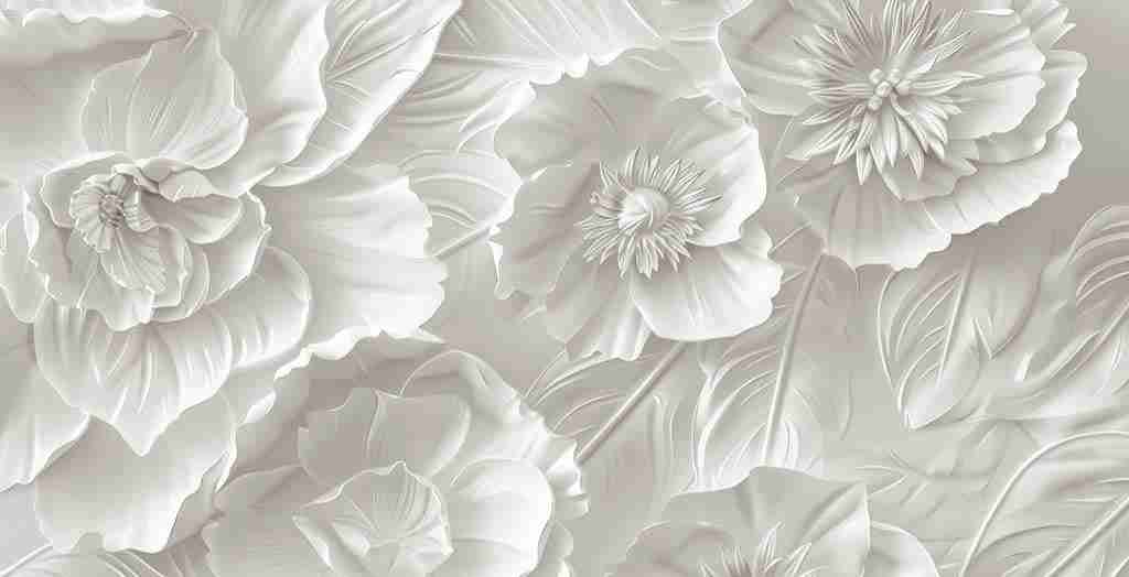 Delicatesse en Blanc : papier peint à motif de fleurs en 3D - Illulart: Papier peint panoramique