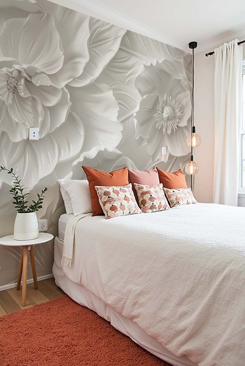 Delicatesse en Blanc : papier peint à motif de fleurs en 3D - Illulart: Papier peint panoramique