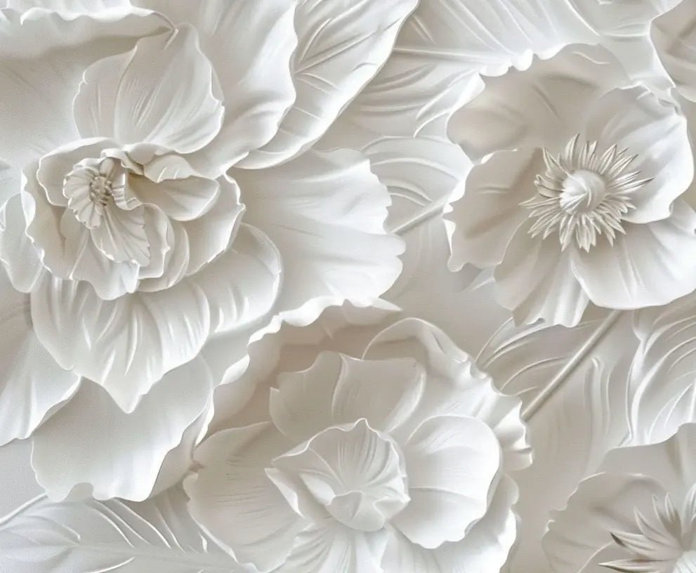 Delicatesse en Blanc : papier peint à motif de fleurs en 3D - Illulart: Papier peint panoramique