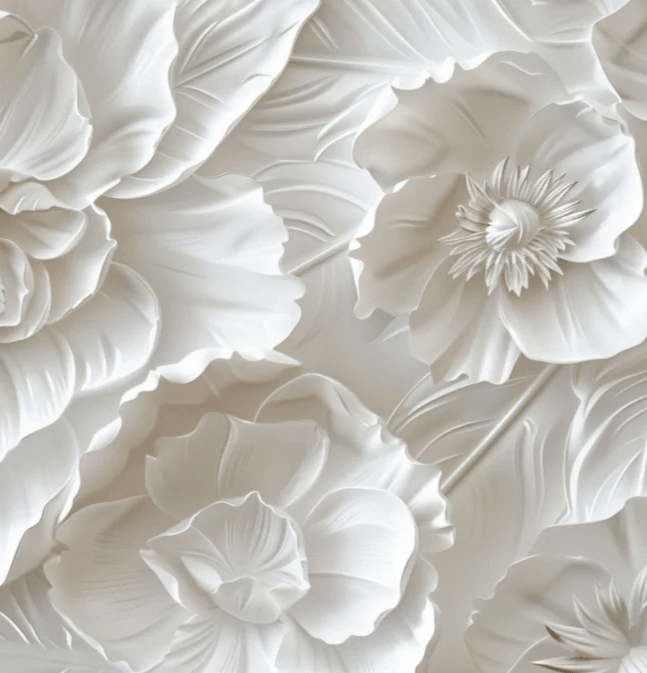 Delicatesse en Blanc : papier peint à motif de fleurs en 3D - Illulart: Papier peint panoramique